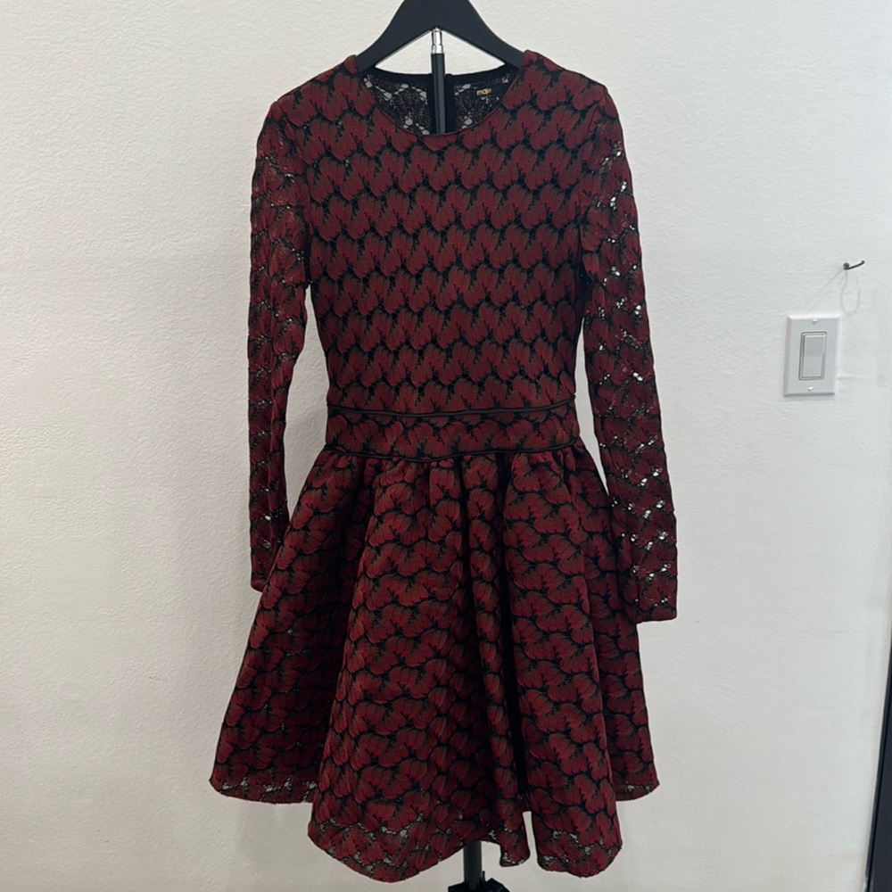 Maje Royani Jacquard Dress Fit & Flare Long Sleeve Red Black Size 3 US‎ L